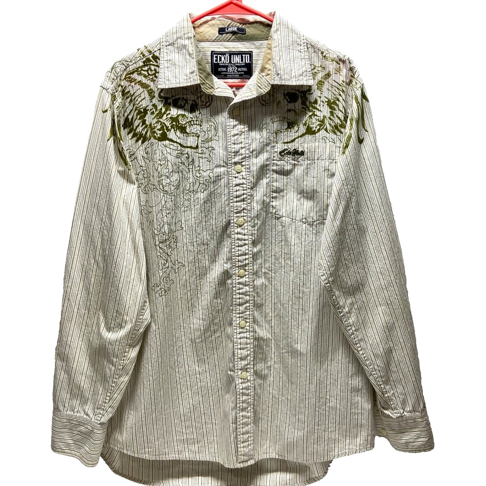 Ecko Unltd Button Down Shirt Men's Large White Stripe Long Sleeve Casual Y2K GUC